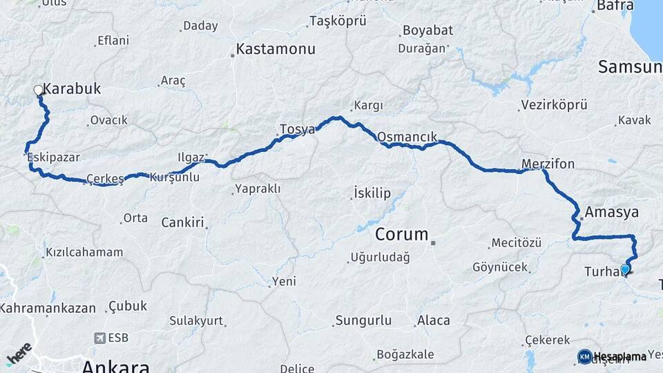 Tokat Turhal Karabük Arası Kaç Km - Yol Haritası