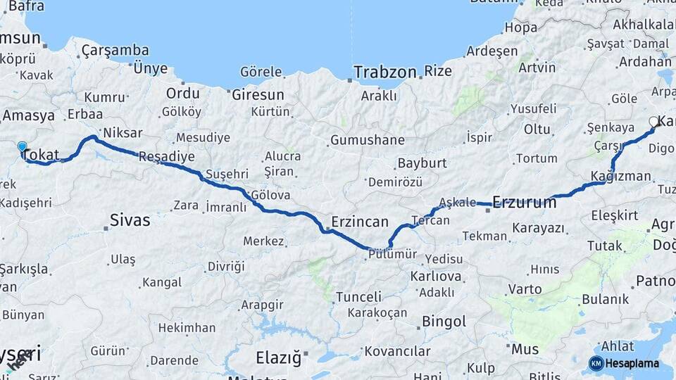 Tokat Turhal Kars Arası Kaç Km - Yol Haritası