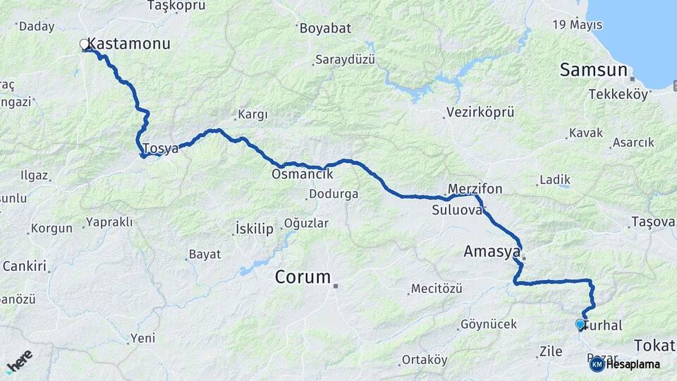 Tokat Turhal Kastamonu Arası Kaç Km - Yol Haritası