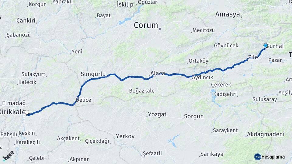 Tokat Turhal Kırıkkale Arası Kaç Km - Yol Haritası