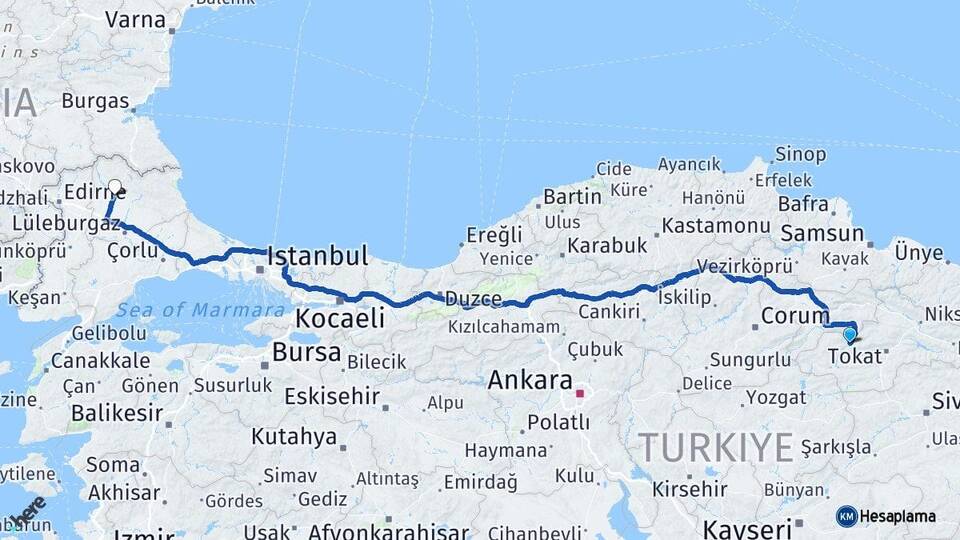 Tokat Turhal Kırklareli Arası Kaç Km - Yol Haritası