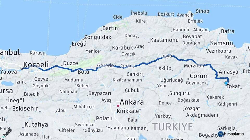 Tokat Turhal Kocaeli Arası Kaç Km - Yol Haritası