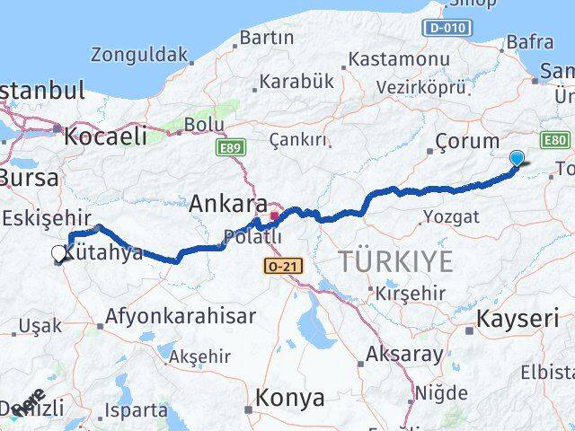 Tokat Turhal Kütahya Arası Kaç Km - Yol Haritası