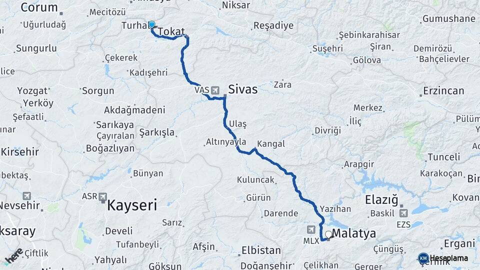 Tokat Turhal Malatya Arası Kaç Km - Yol Haritası