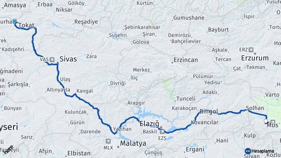 Tokat Turhal Muş Arası Kaç Km - Yol Haritası