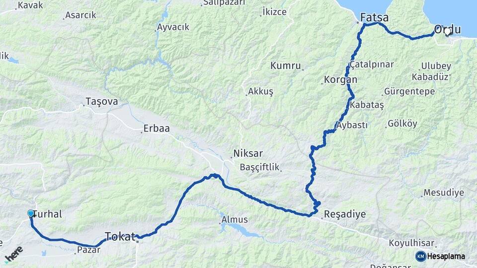 Tokat Turhal Ordu Arası Kaç Km - Yol Haritası