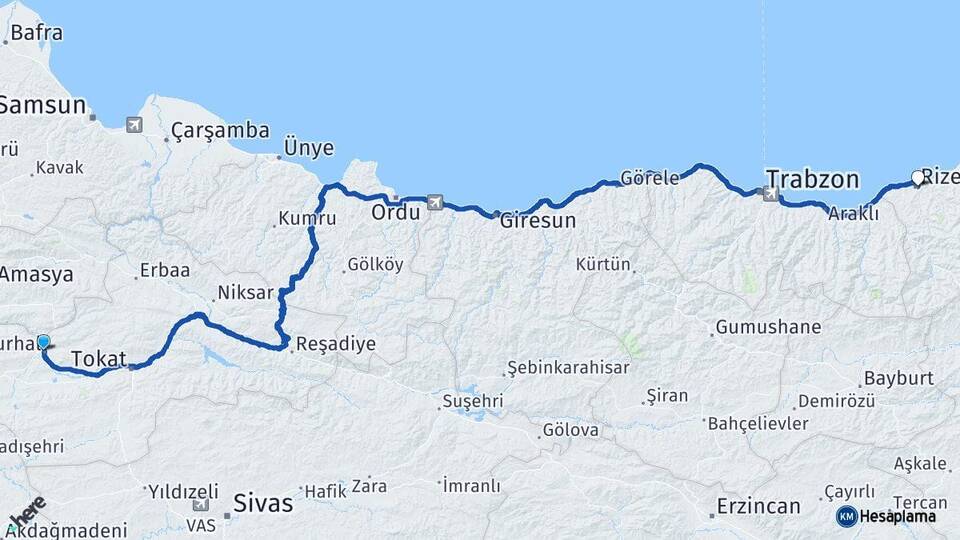 Tokat Turhal Rize Arası Kaç Km - Yol Haritası