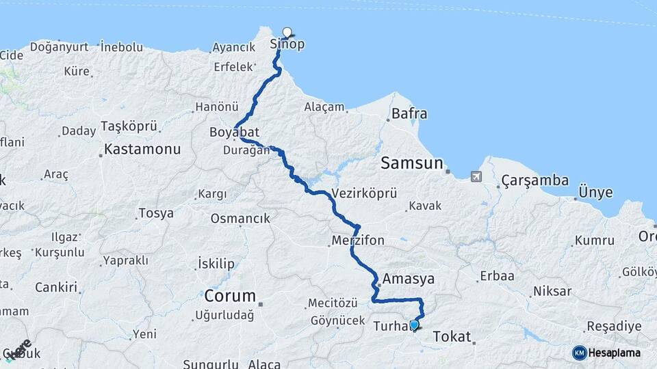 Tokat Turhal Sinop Arası Kaç Km - Yol Haritası