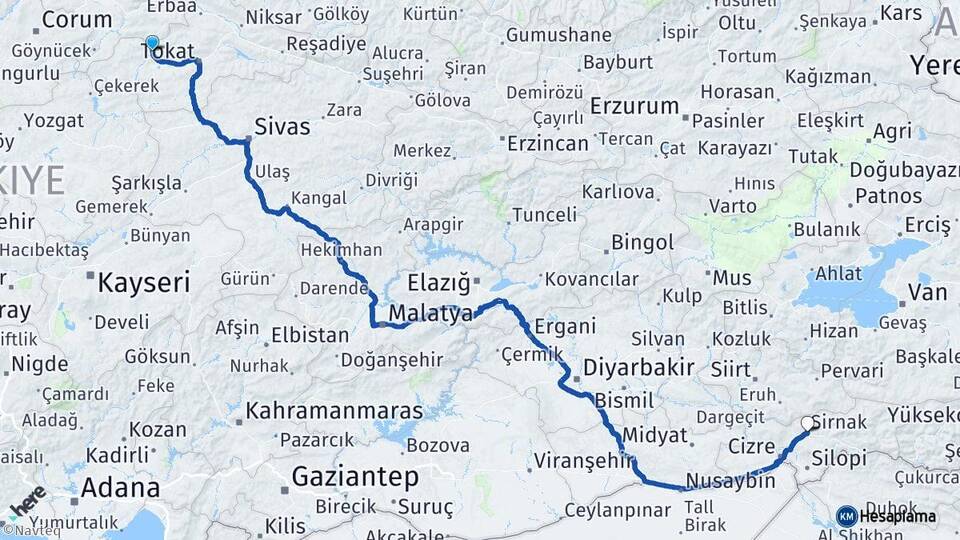 Tokat Turhal Şırnak Arası Kaç Km - Yol Haritası