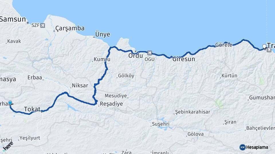 Tokat Turhal Trabzon Arası Kaç Km - Yol Haritası