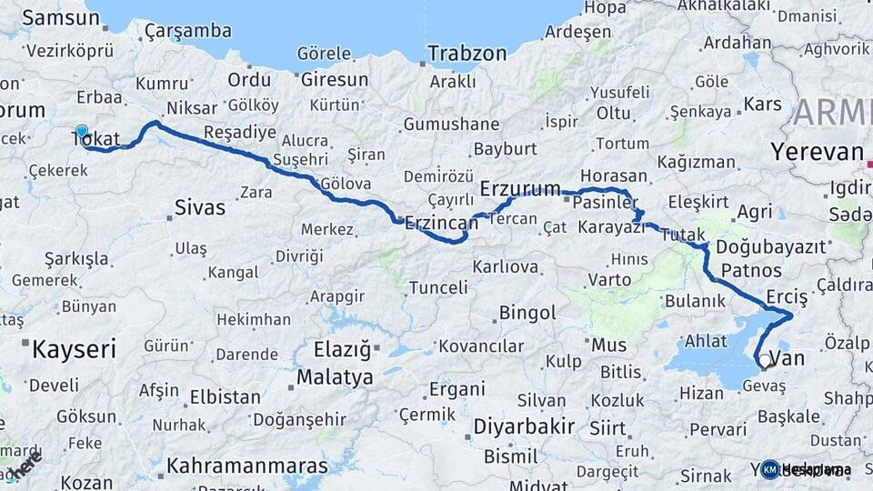 Tokat Turhal Van Arası Kaç Km - Yol Haritası