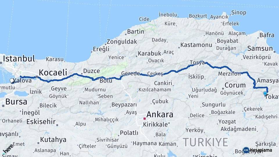 Tokat Turhal Yalova Arası Kaç Km - Yol Haritası