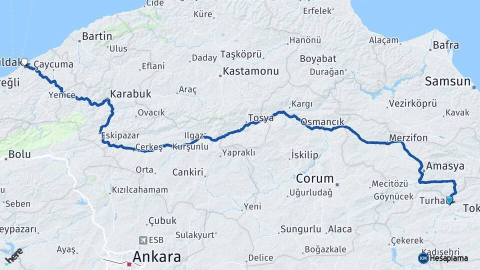 Tokat Turhal Zonguldak Arası Kaç Km - Yol Haritası