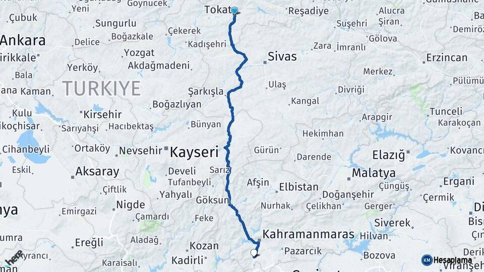 Tokat Türkoğlu Kahramanmaraş Arası Kaç Km - Yol Haritası