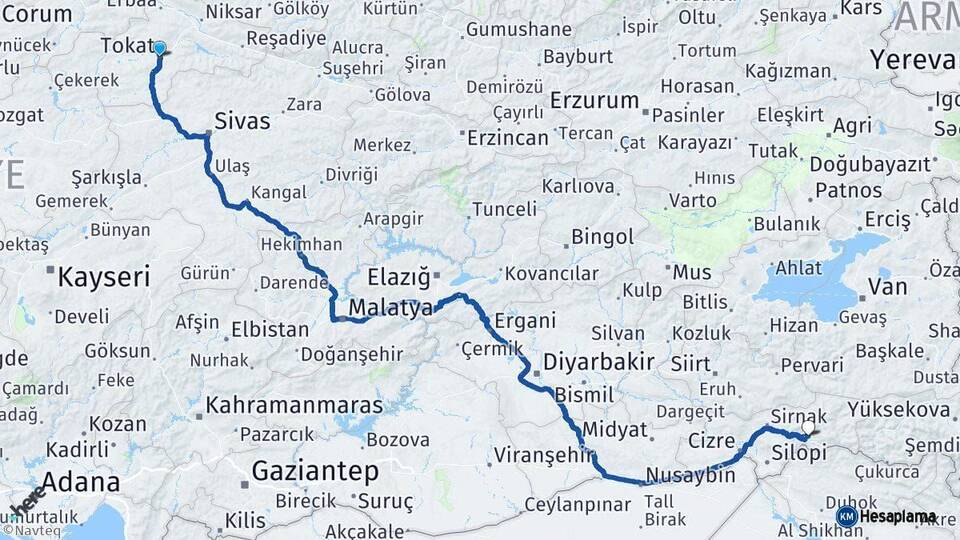 Tokat Uludere Şırnak Arası Kaç Km - Yol Haritası