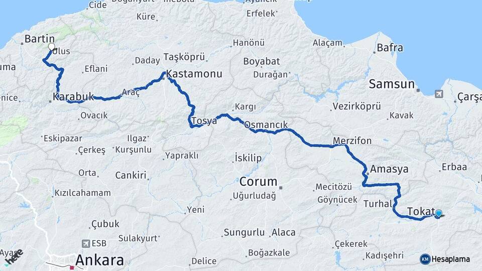 Tokat Ulus Bartın Arası Kaç Km - Yol Haritası