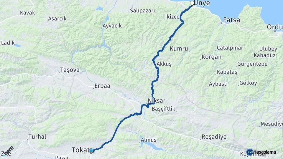 Tokat Ünye Ordu Arası Kaç Km - Yol Haritası