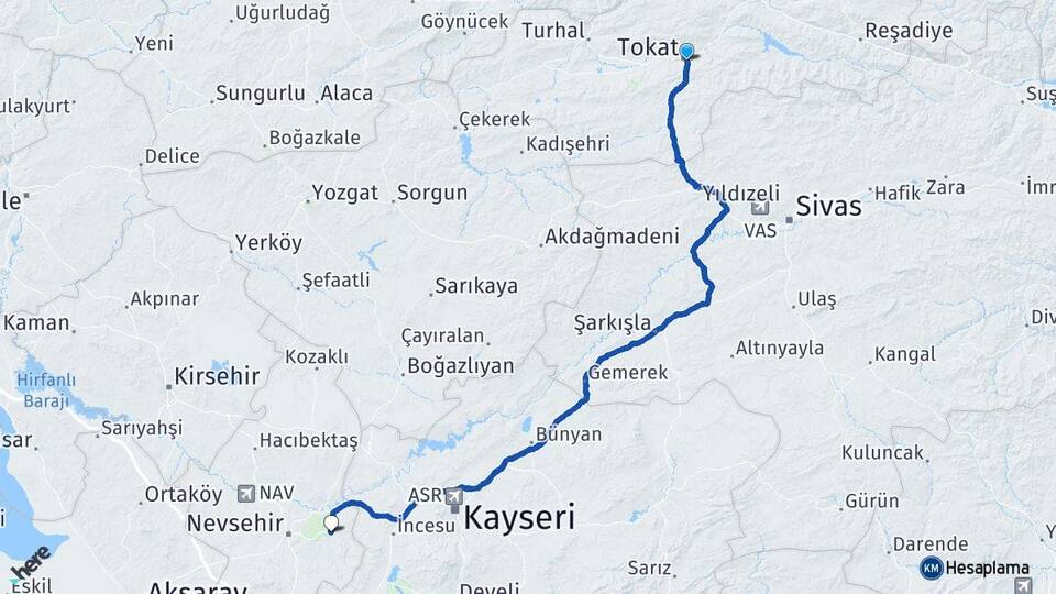 Tokat Ürgüp Nevşehir Arası Kaç Km - Yol Haritası