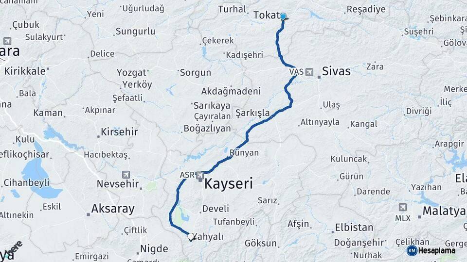 Tokat Yahyalı Kayseri Arası Kaç Km - Yol Haritası