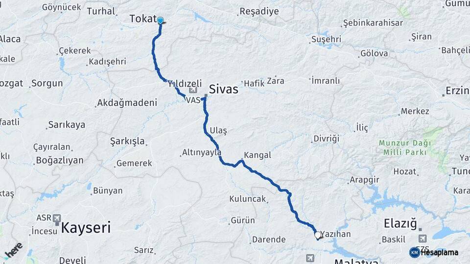 Tokat Yazıhan Malatya Arası Kaç Km - Yol Haritası