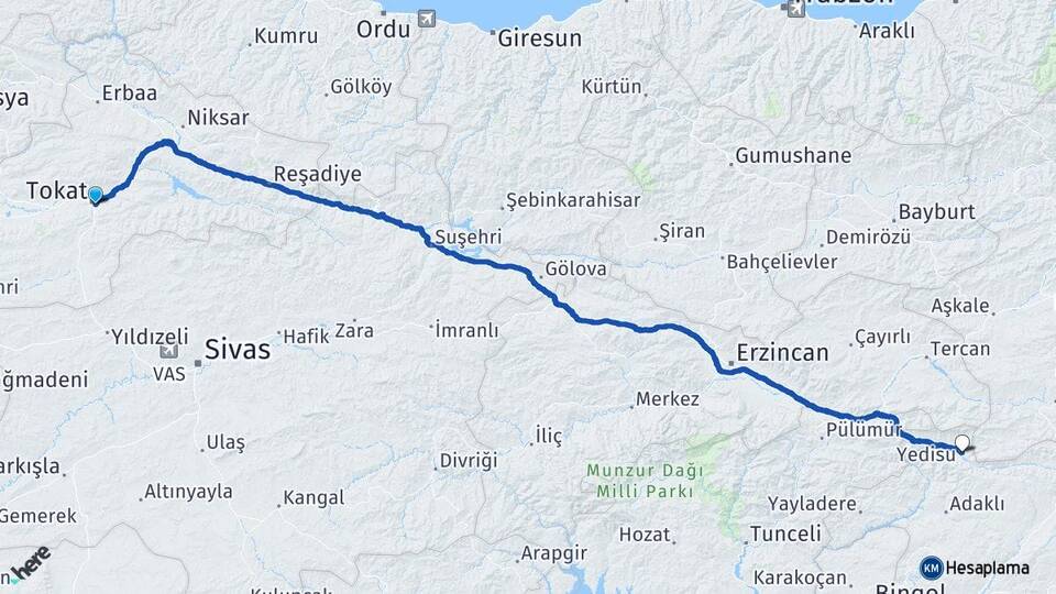 Tokat Yedisu Bingöl Arası Kaç Km - Yol Haritası