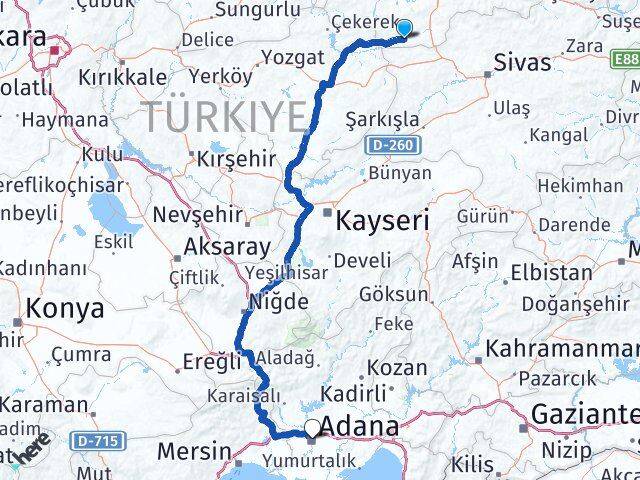 Tokat Yeşilyurt Adana Arası Kaç Km - Yol Haritası