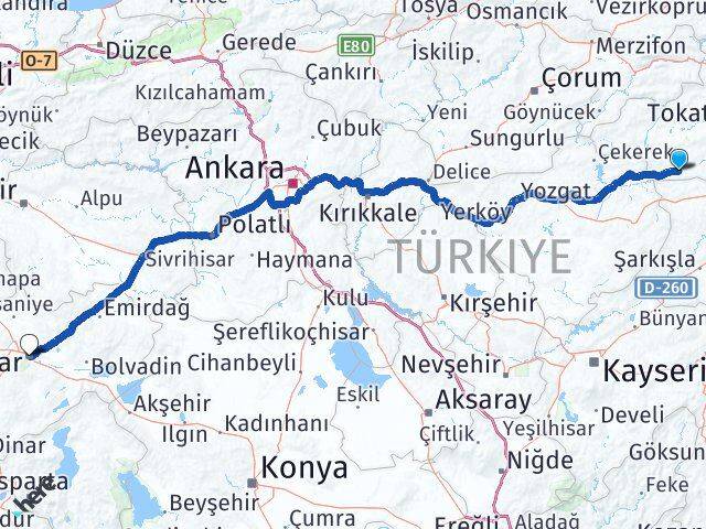 Tokat Yeşilyurt Afyonkarahisar Arası Kaç Km - Yol Haritası