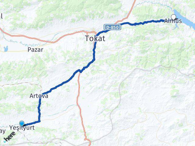 Tokat Yeşilyurt Almus Arası Kaç Km - Yol Haritası