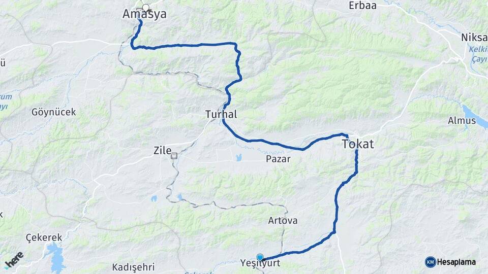 Tokat Yeşilyurt Amasya Arası Kaç Km - Yol Haritası