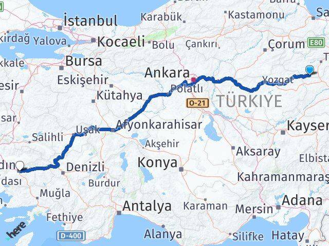 Tokat Yeşilyurt Aydın Arası Kaç Km - Yol Haritası
