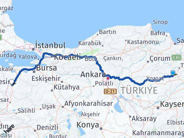 Tokat Yeşilyurt Balıkesir Arası Kaç Km - Yol Haritası