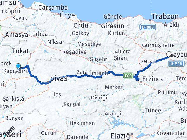 Tokat Yeşilyurt Bayburt Arası Kaç Km - Yol Haritası