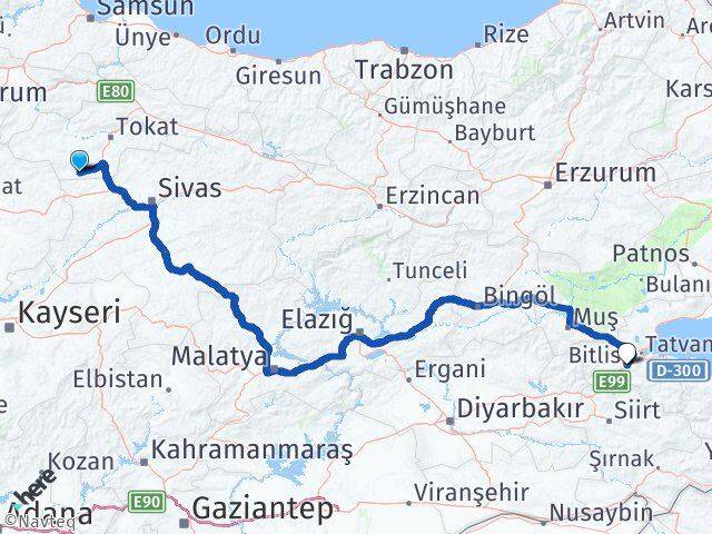 Tokat Yeşilyurt Bitlis Arası Kaç Km - Yol Haritası