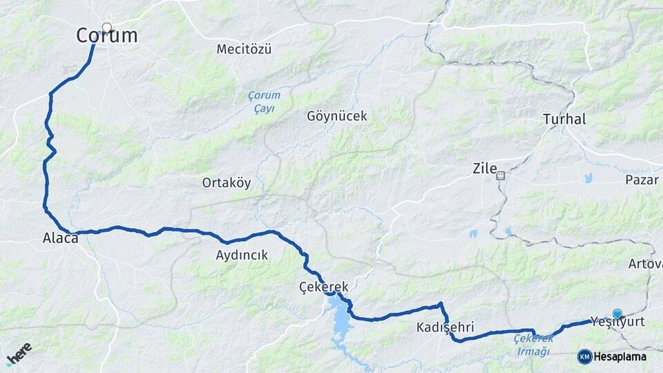Tokat Yeşilyurt Çorum Arası Kaç Km - Yol Haritası
