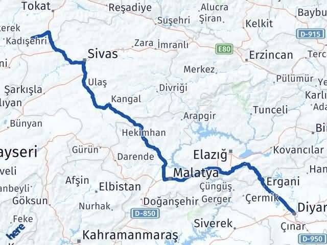 Tokat Yeşilyurt Diyarbakır Arası Kaç Km - Yol Haritası