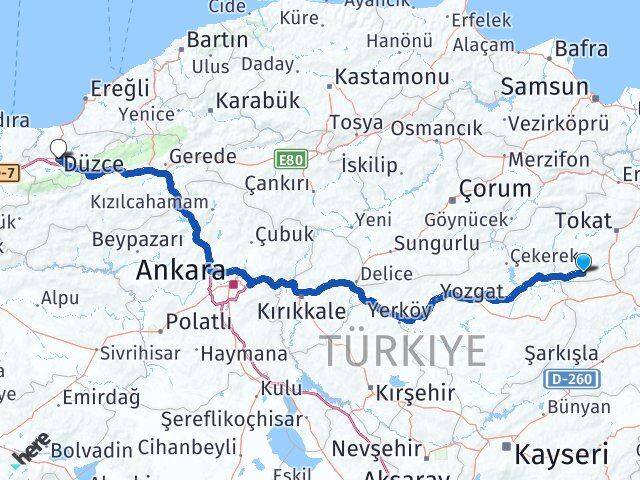 Tokat Yeşilyurt Düzce Arası Kaç Km - Yol Haritası