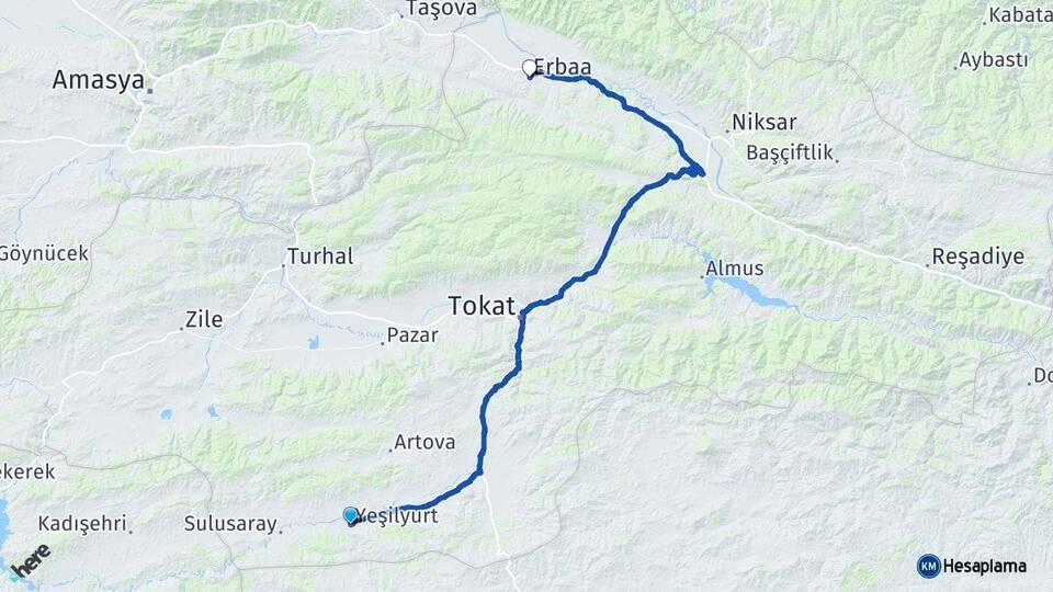 Tokat Yeşilyurt Erbaa Arası Kaç Km - Yol Haritası
