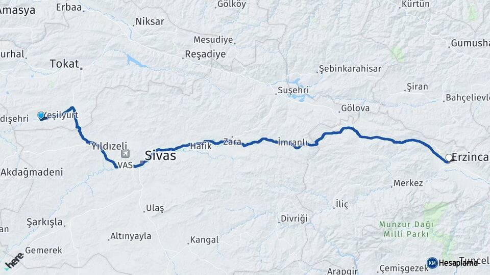 Tokat Yeşilyurt Erzincan Arası Kaç Km - Yol Haritası