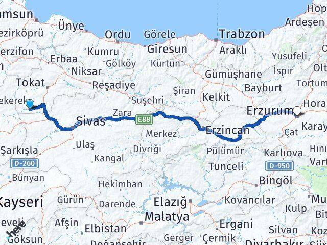 Tokat Yeşilyurt Erzurum Arası Kaç Km - Yol Haritası