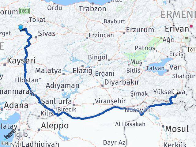 Tokat Yeşilyurt Hakkari Arası Kaç Km - Yol Haritası