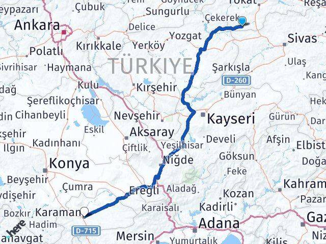 Tokat Yeşilyurt Karaman Arası Kaç Km - Yol Haritası