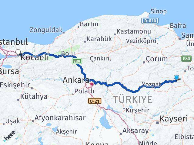 Tokat Yeşilyurt Kocaeli Arası Kaç Km - Yol Haritası