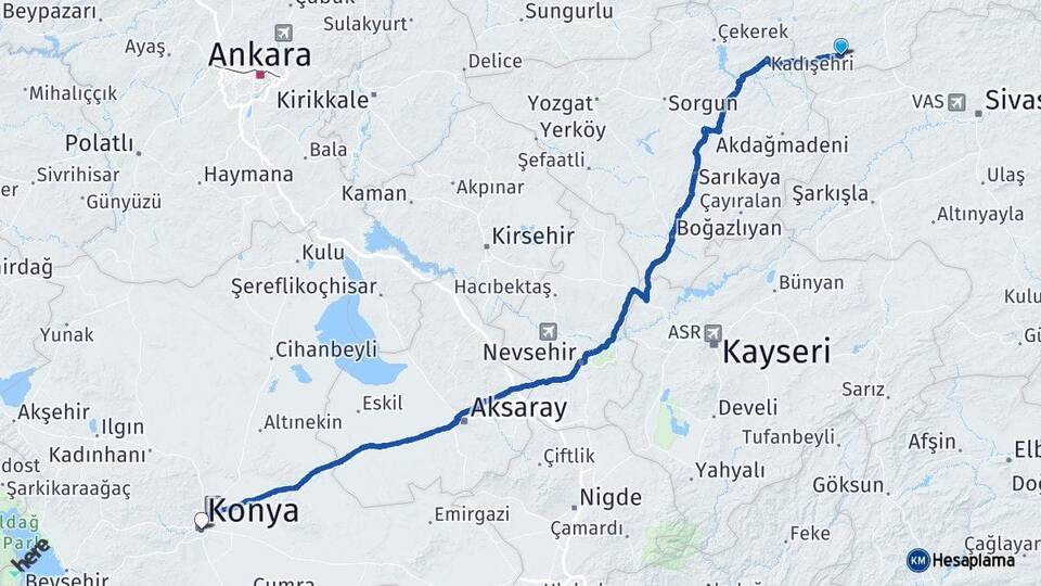 Tokat Yeşilyurt Konya Arası Kaç Km - Yol Haritası