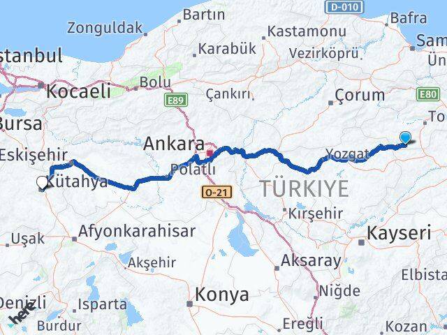 Tokat Yeşilyurt Kütahya Arası Kaç Km - Yol Haritası
