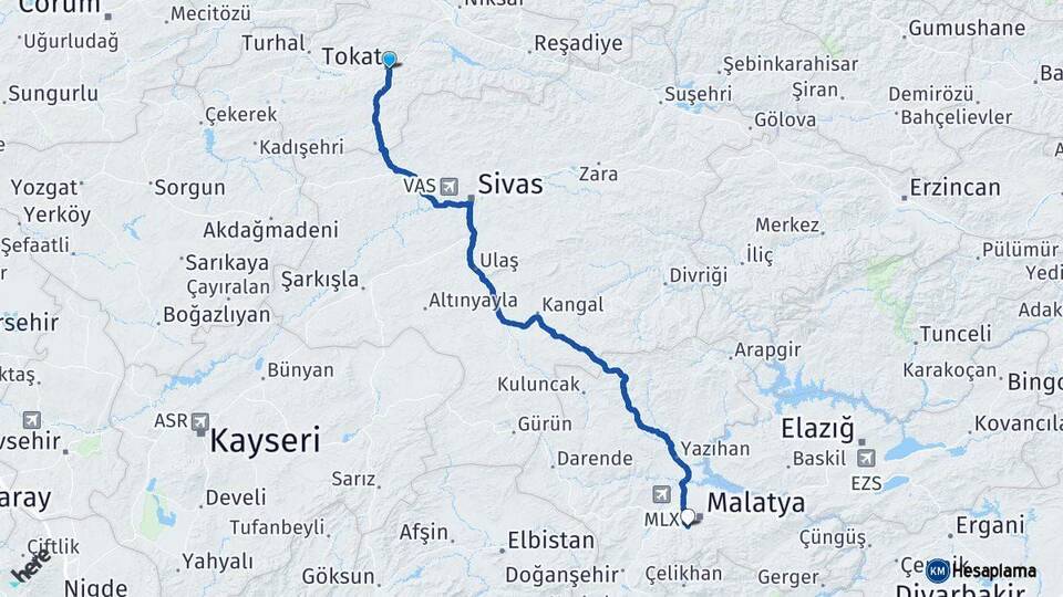 Tokat Yeşilyurt Malatya Arası Kaç Km - Yol Haritası