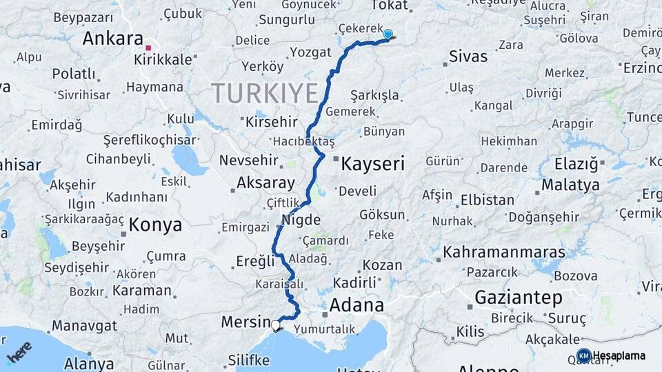 Tokat Yeşilyurt Mersin Arası Kaç Km - Yol Haritası