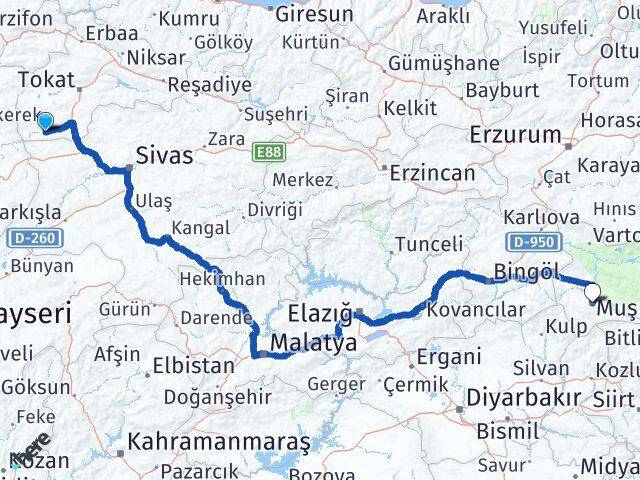 Tokat Yeşilyurt Muş Arası Kaç Km - Yol Haritası