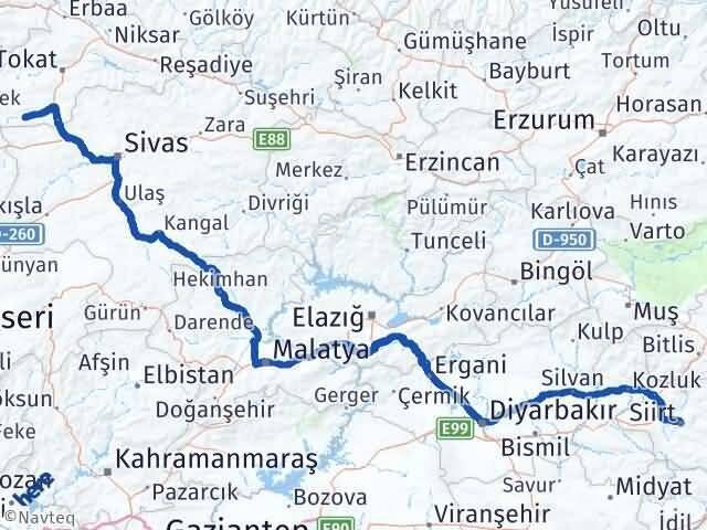 Tokat Yeşilyurt Siirt Arası Kaç Km - Yol Haritası