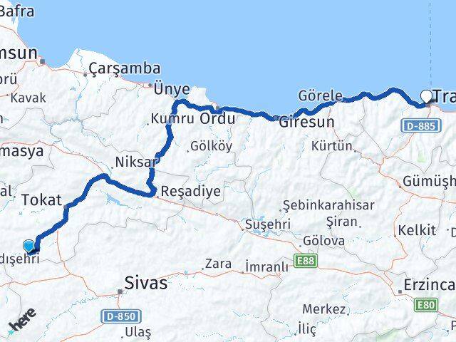 Tokat Yeşilyurt Trabzon Arası Kaç Km - Yol Haritası