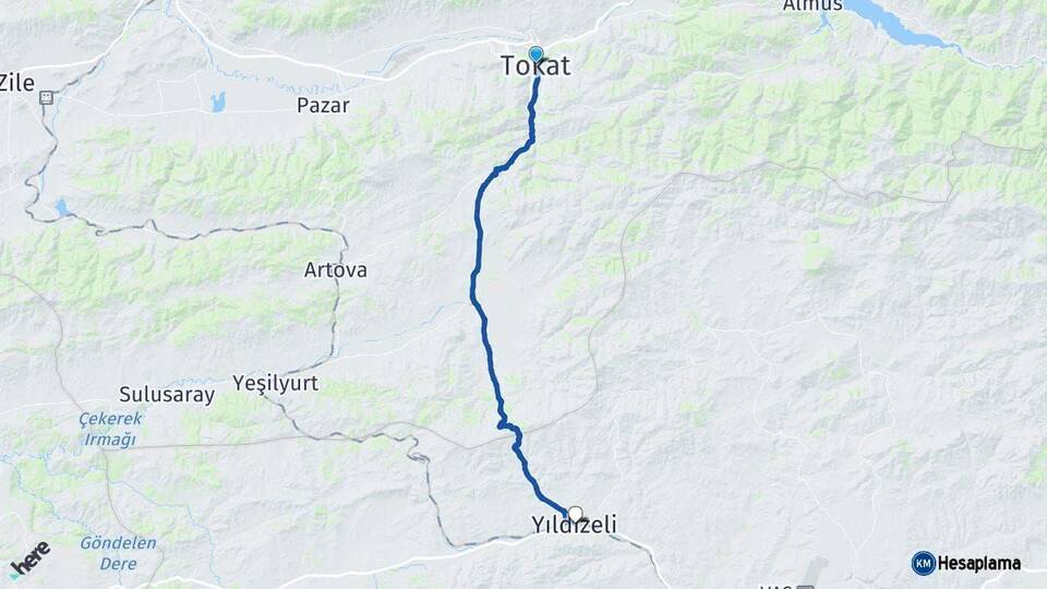 Tokat Yıldızeli Sivas Arası Kaç Km - Yol Haritası